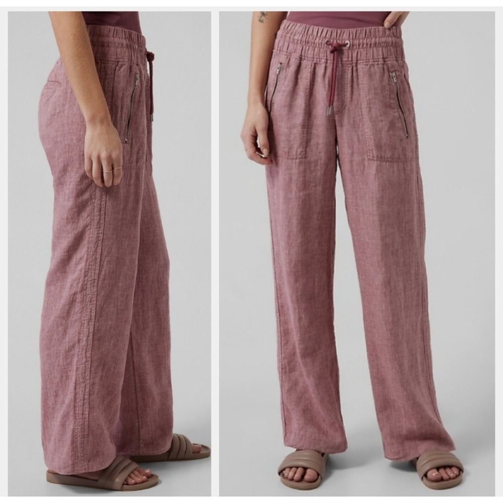 Athleta Cabo Linen Wide Leg Pant Mauve Pink Plus 26 Elastic Waist Zip Pockets